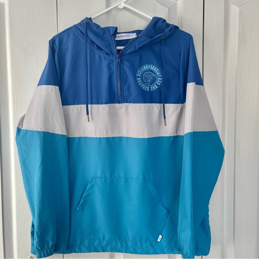 Sisstrevolution Jacket Wind Breaker 1/4 zip w/ Hood Womens Size L Blue Striped